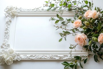 Poster - Elegant photo gallery arrangement featuring white decorative borders and pale pink roses with olive leaves in a studio setting for inspiring home decor ideas