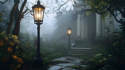 Haunted Dilapidated Estate with Creaking Floorboards and Flickering Gas Lamps Shrouded in Hazy Edwardian Ambiance