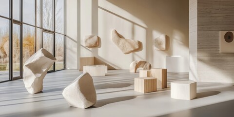 Poster - Exploring scandinavian interior design modular white seating and abstract sculptures in a minimalist environment
