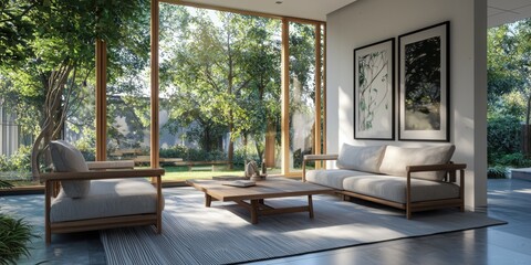 Poster - Create a cozy scandinavian living room mockup with trio frame arrangement soft seating and natural elements for inviting atmosphere