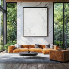 Poster - Create a sophisticated modern living room stylish furniture setup featuring natural textures and black-trimmed frame poster in a clean background