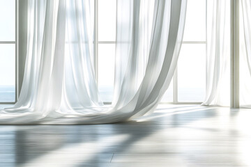 Wall Mural - Backlit window with white curtains in empty room clean. Sunlight shines evening through window modern and inside there are shadows light. Interior room decoration. Background Abstract Texture.