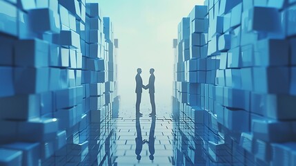 Poster - Businessmen shake hands in a futuristic setting, symbolizing a successful business deal.  Blue cubes surround them.