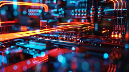  - close-up view of a futuristic circuit board with vibrant neon lights and data streams.