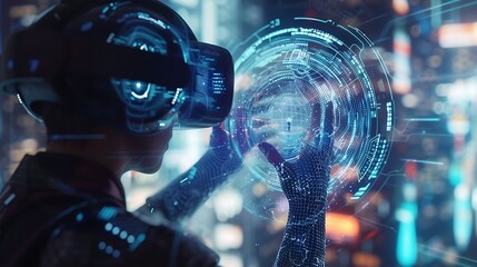 Poster - Person wearing VR headset, interacting with a digital interface. Futuristic technology concept.