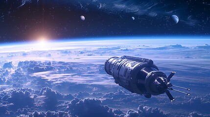 Wall Mural - spaceship flies over a beautiful planet with a sunrise in the background.