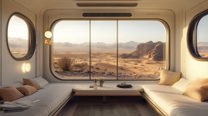 Aufkleber - Luxurious train suite experience spacious views of nature's desert landscape in a modern interior setting