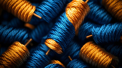 Aufkleber - A close-up view of colorful spools of thread, showcasing vibrant blue and orange yarn entwined together in a textured arrangement