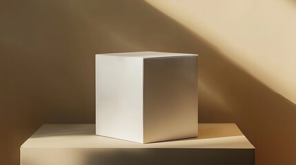 Poster - Minimalist Product Photography: White Box on Beige Platform with Shadow