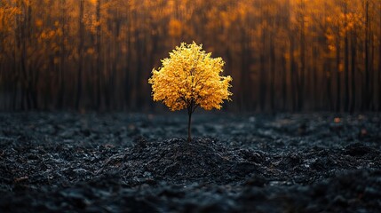 Wall Mural - A single tree stands in a burnt forest, representing hope and endurance amid environmental destruction.