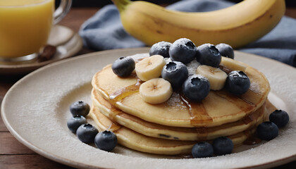 Wall Mural - pancakes topped with blueberries, bananas and powdered sugar on a plate	
