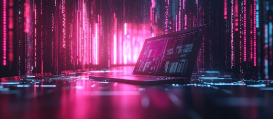A laptop sits on a dark surface with pink and blue lights streaming in the background.