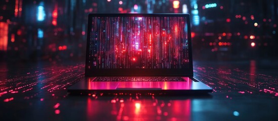 A laptop computer with a glowing screen displaying digital code and a city lights background.