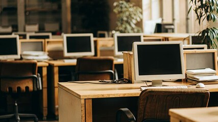 Wall Mural - A modern office space featuring rows of wooden desks with desktop computers