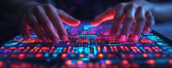 Poster - A close-up of hands interacting with a vibrant, illuminated touchscreen display filled with colorful patterns and digital data.