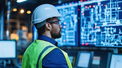 Poster - A worker in a hard hat and safety vest monitors digital screens filled with technical diagrams in a modern industrial setting.