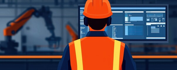 Poster - a worker in safety gear monitors a digital interface, overseeing automated machinery in a manufactur