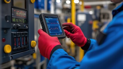 Poster - A technician in blue overalls uses a handheld device to monitor equipment in a modern industrial facility.