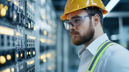 Poster - A focused worker in a hard hat examines complex electrical panels, showcasing safety gear and a concentration on technical tasks.