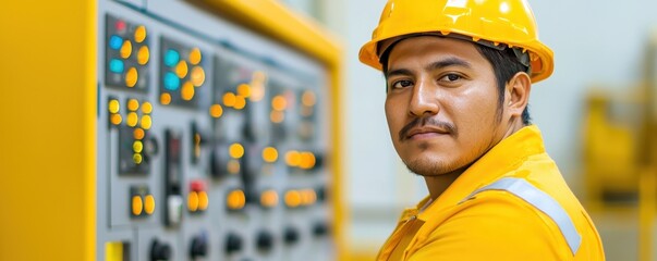 Poster - A worker in a yellow helmet and uniform stands next to a control panel with glowing buttons, showcasing safety and industrial expertise.