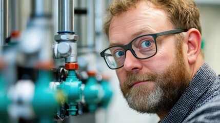 Poster - A focused technician inspects complex machinery, showcasing precision and expertise in an industrial setting.