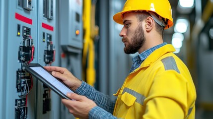 Poster - A technician in a yellow hard hat inspects electrical panels using a tablet, demonstrating modern industrial maintenance practices.