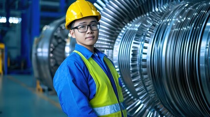 Poster - a worker in safety gear stands confidently beside large metal turbine parts in a manufacturing facil