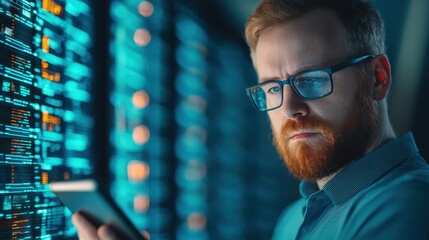 Poster - A focused man with glasses examines data on a tablet, surrounded by glowing server racks, representing technology and data management.