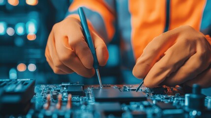 Poster - A technician in gloves works on a circuit board with precision tools, demonstrating intricate electronics assembly in a modern environment.