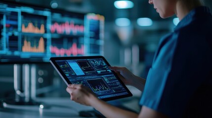 Poster - A focused professional analyzes data on a tablet, surrounded by multiple screens displaying graphs and statistics in a modern workspace.