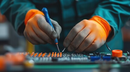 Poster - A technician in gloves is soldering electronic components on a circuit board, showcasing precision and skill in a workshop setting.
