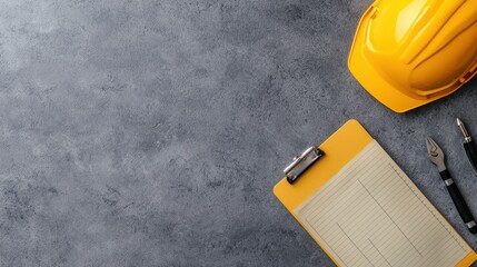 Poster - A flat lay of a yellow hard hat, clipboard, and tools on a textured surface, reflecting a construction or safety theme.