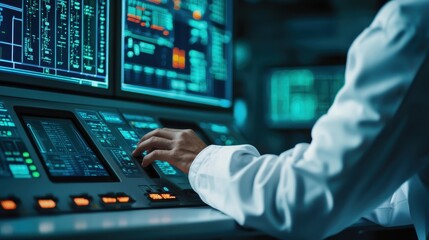 Poster - A technician operates a control panel filled with screens and data visuals, indicating a high-tech environment focused on monitoring or analysis.