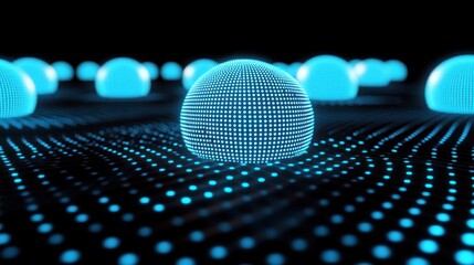 Poster - Glowing blue spheres on a digital network.