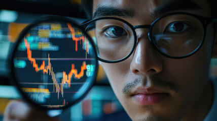 Poster - focused financial analyst wearing glasses examines stock market data through magnifying glass, highlighting intensity of market analysis