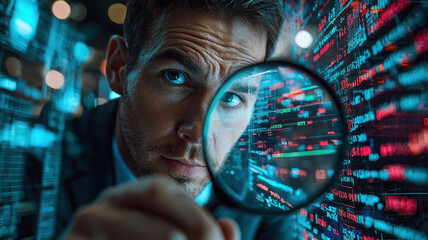 Poster - focused male analyst examines stock performance through magnifying glass, surrounded by digital data and graphs, highlighting financial analysis and market trends