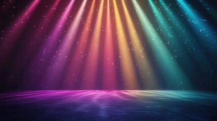 Poster - A vibrant display of colorful beams of light shines down, creating a dynamic atmosphere with a glimmering surface.