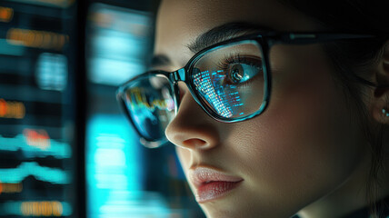 Poster - woman wearing glasses intently examines financial data on screen, reflecting growth potential and analysis. focus is on her eyes and digital information displayed