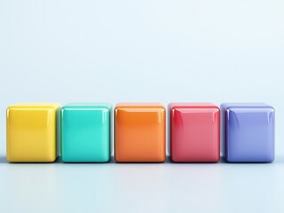 Poster - Five glossy, colorful cubes arranged in a row against a light backdrop, showcasing vibrant hues of yellow, teal, orange, red, and purple.