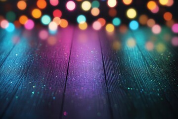 Poster - A vibrant, colorful background with blurred lights over a dark wooden surface, creating a festive and inviting atmosphere.