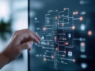 Fototapete - A hand interacts with a digital interface displaying network connections and icons, illustrating technology and data interaction.