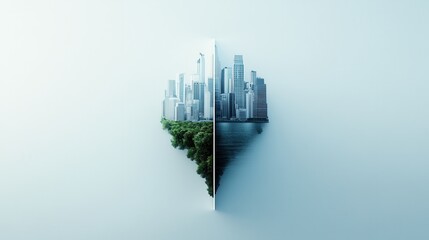 Poster - A split image showcasing a vibrant cityscape on one side and lush greenery on the other, symbolizing the contrast between urban life and nature.