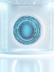 Poster - A futuristic, circular portal with a glowing blue interface, set in a sleek, high-tech environment.