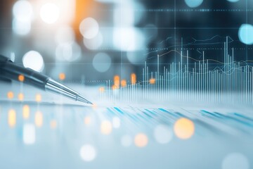 Poster - A close-up of a pen on a document with financial graphs in the background, illustrating data analysis and business strategy.