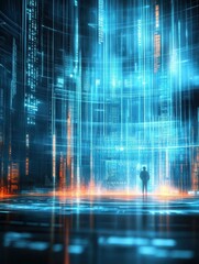 Poster - A futuristic digital landscape featuring a solitary figure amidst glowing blue and orange data streams.