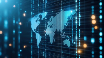 Poster - A digital representation of a world map with glowing blue elements, symbolizing connectivity and technology in a modern, data-driven environment.