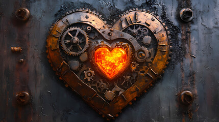 Wall Mural - Biomechanical steampunk heart intricate gears and pistons glowing energy core fusion of organic and mechanical elements rusty patina finish. Biomechanical. Illustration