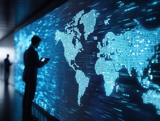 Fototapete - A silhouette of a person stands before a digital world map display, showcasing glowing data points and interconnected lines in a high-tech environment.