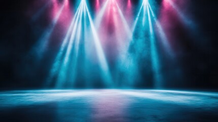 Poster - A dark stage illuminated by colorful spotlights, creating a vibrant atmosphere with a misty ambiance.