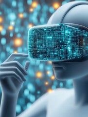 Aufkleber - A futuristic humanoid figure wearing a virtual reality headset, surrounded by glowing digital elements, explores a world of data and technology.